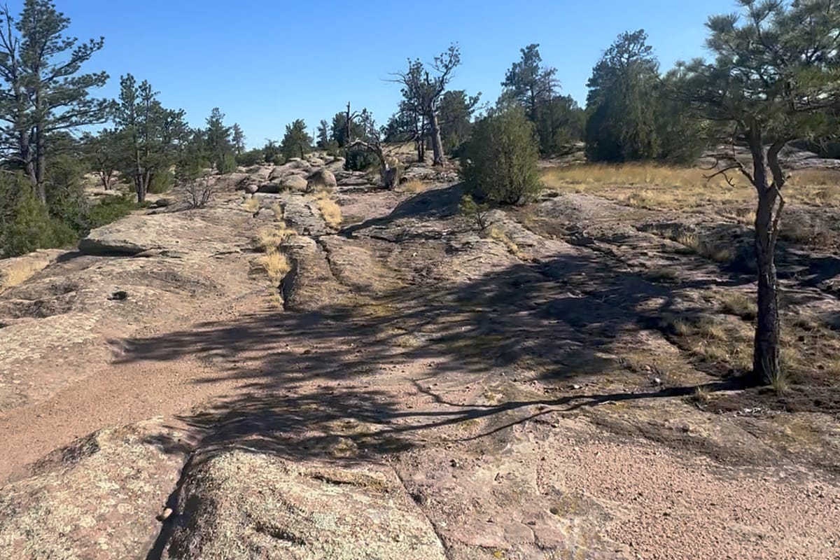 Flat slickrock and open sky on the Echoes of Ancestors Trail at Lost Canyon Ranch Open Space, Castle Rock