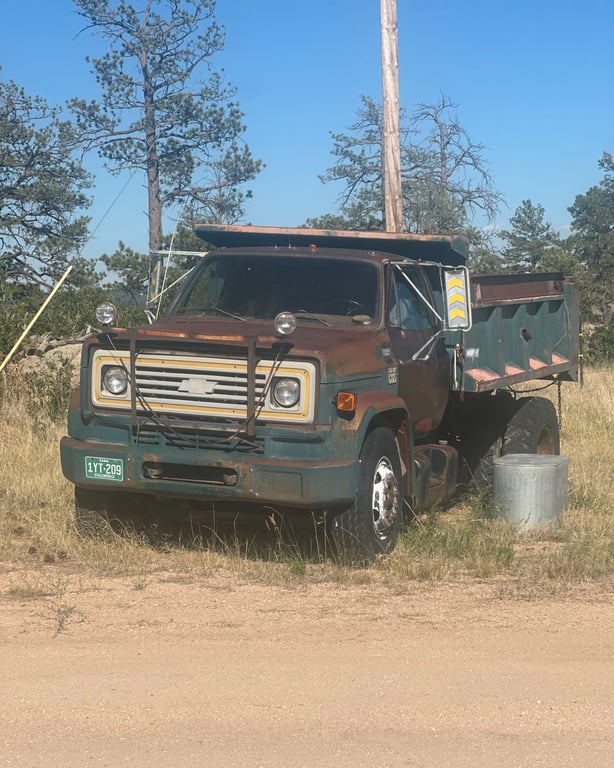 An old ranch truck on the Lost Canyon Ranch property, a relic of its working-ranch past, Castle Rock