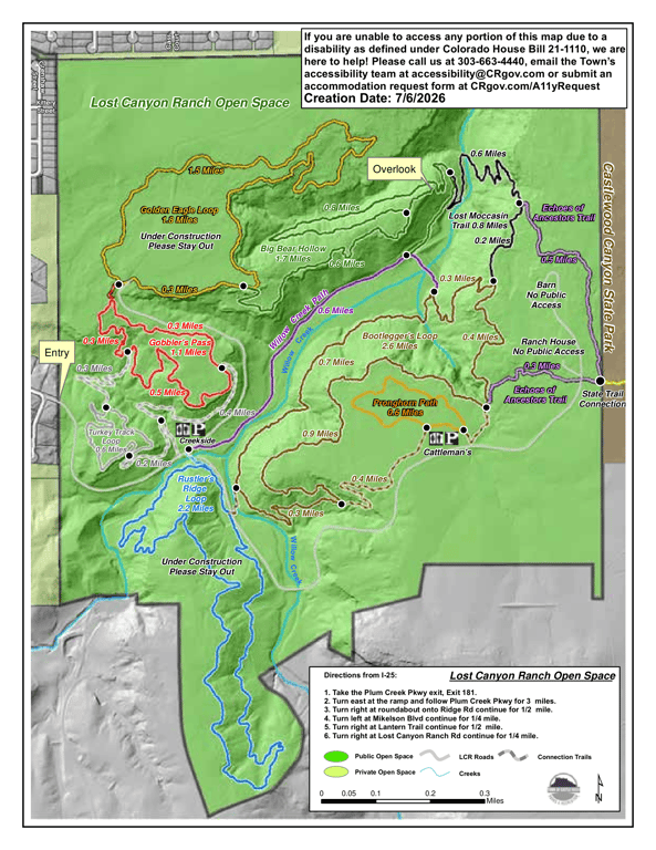 Official trail map of Lost Canyon Ranch Open Space in Castle Rock, showing all hiking trails with distances, both the Creekside and Cattleman's trailheads, and the Castlewood Canyon State Park connection