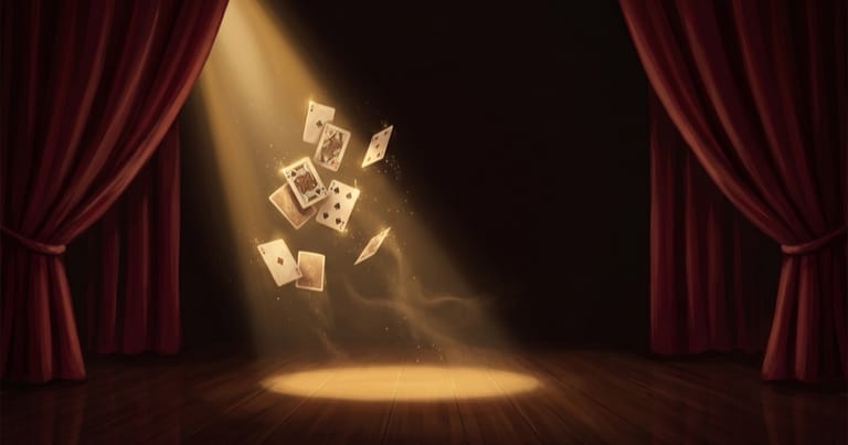 A golden spotlight on the Magic Manor stage between red theatre curtains