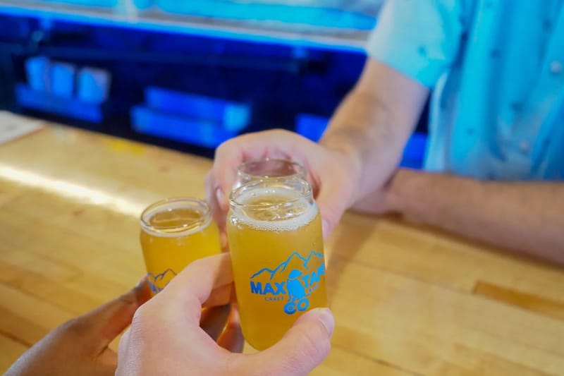 Two beers raised in a toast at the bar at Max Taps in Highlands Ranch