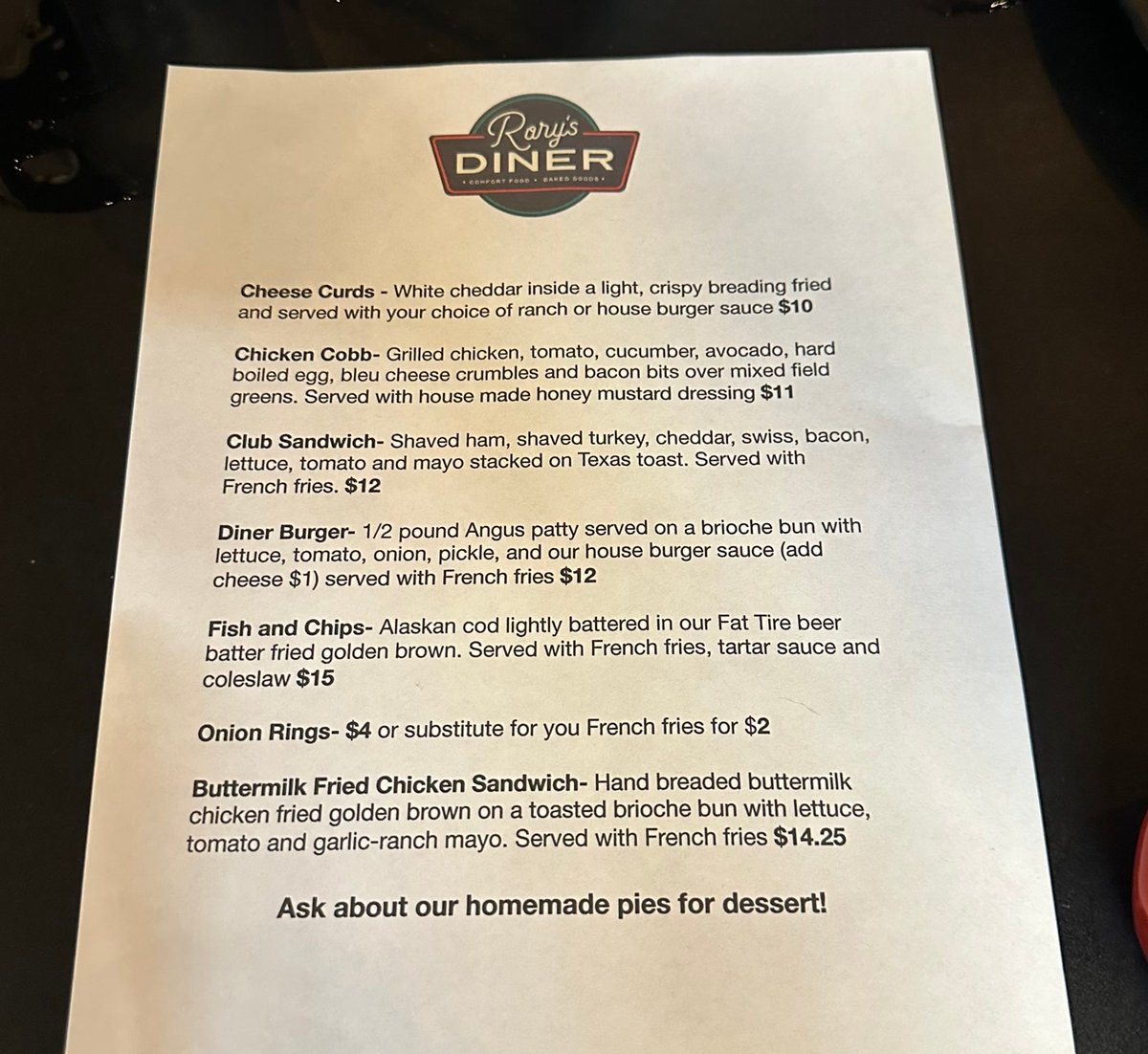 Rory's Diner limited menu for A Night with the Coroner