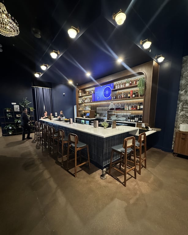 Main bar at Champagne Velvet Proper Kitchen & Bar — crystal chandelier, dark navy walls, lit liquor shelves, bar stools