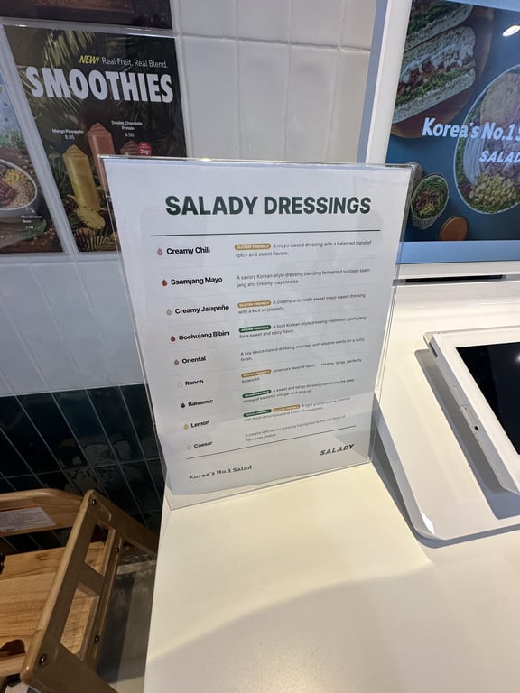 The Salady dressings card, listing Creamy Chili, Ssamjang Mayo and the rest