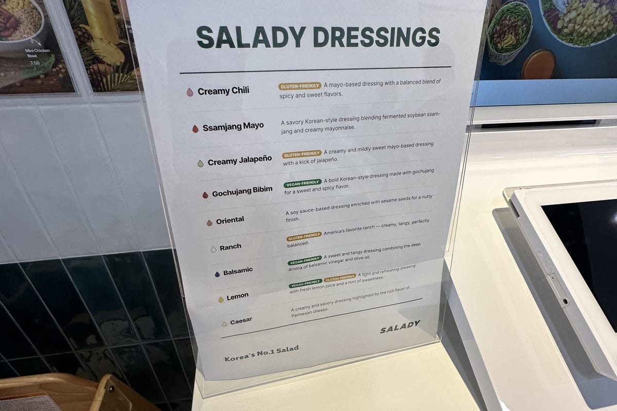 The Salady dressings card listing Creamy Chili, Ssamjang Mayo and others