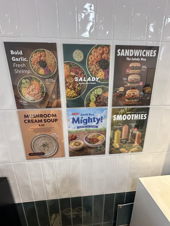Salady menu poster showing salads, sandwiches, mushroom cream soup and smoothies