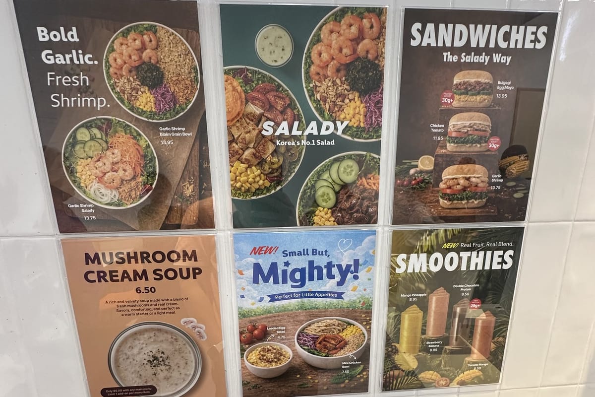 Salady menu poster showing salads, sandwiches, mushroom cream soup and smoothies