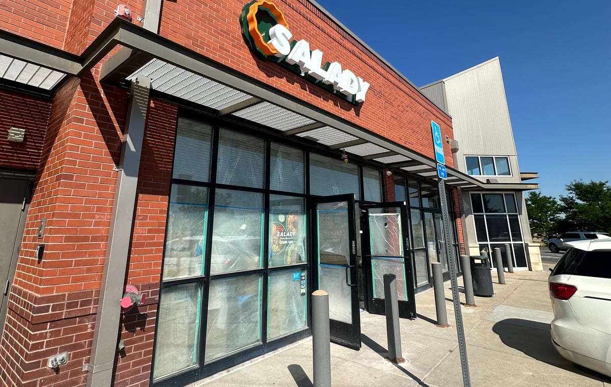 Salady storefront with its installed sign at 9700 S Parker Rd, Suite 700 in Parker, next to Einstein Bros Bagels