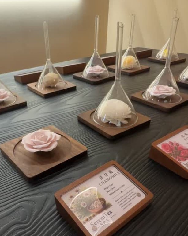 Glass funnels lifted off dried rose and chamomile on the aromatherapy table at SereniTea, with a Chamomile ingredient card set in front