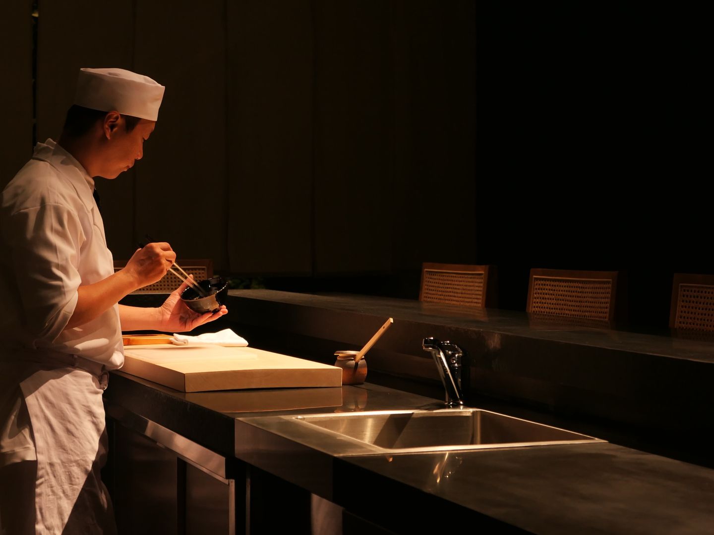 A sushi chef at the counter at Shoyu Sushi in Parker