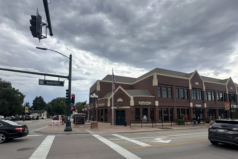 SuBourbon Bar & Restaurant signage on the former Parker Chamber building at Mainstreet and Pikes Peak Drive, August 2026