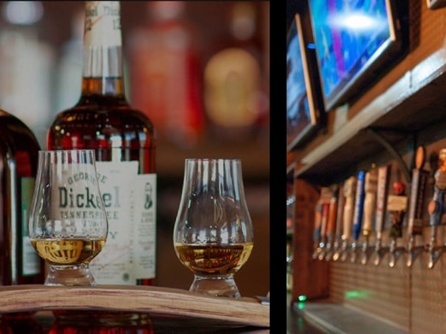 Whiskey bottles and beer taps behind the bar at The Whiskey Lodge in Castle Rock