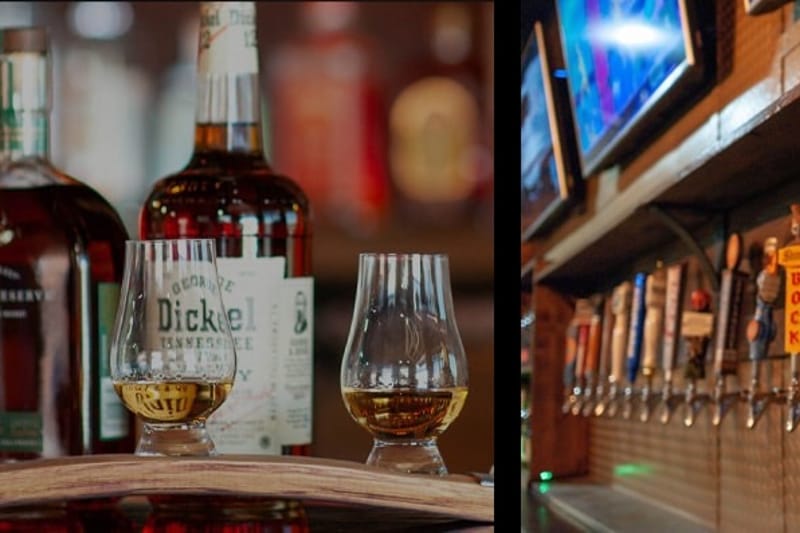 Whiskey bottles and beer taps behind the bar at The Whiskey Lodge in Castle Rock