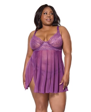 Metallic Stretch Lace & Mesh Babydoll w/Thong – Purple 1X/2X by Coquette product image