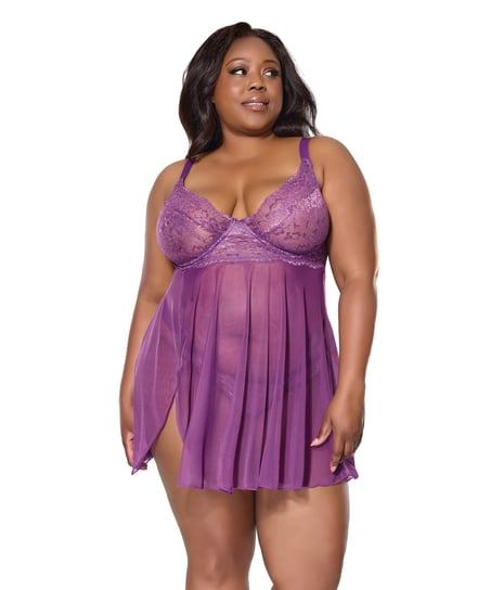 Metallic Stretch Lace & Mesh Babydoll w/Thong – Purple 1X/2X by Coquette product image