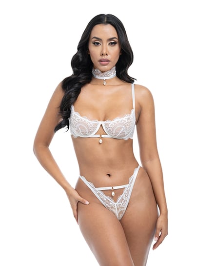 Pearla Lace Underwire Bra & Open Back Panty w/Matching Collar 3 pc Set – White L/XL by Oh La La Cheri product image