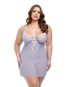 Elsie Lace & Mesh Underwire Babydoll w/G-String 2 pc Set – Brunnera Blue 1X/2X by Oh La La Cheri product image