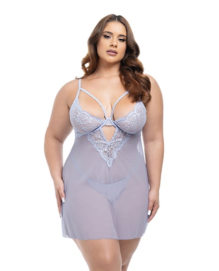 Elsie Lace & Mesh Underwire Babydoll w/G-String 2 pc Set – Brunnera Blue 1X/2X by Oh La La Cheri product image