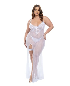 Livia Dot Mesh & Lace Underwire Gown & Garter 2 pc Set – White 1X/2X by Oh La La Cheri product image