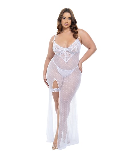 Livia Dot Mesh & Lace Underwire Gown & Garter 2 pc Set – White 1X/2X by Oh La La Cheri product image