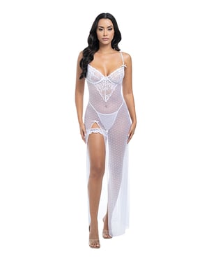 Livia Dot Mesh & Lace Underwire Gown & Garter 2 pc Set – White L/XL by Oh La La Cheri product image