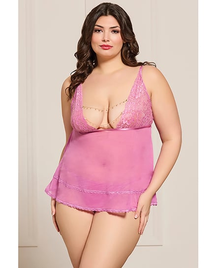 Lace and Mesh Babydoll w/Thong & Rhinestone Detail – Pink QN by Seven 'til Midnight product image