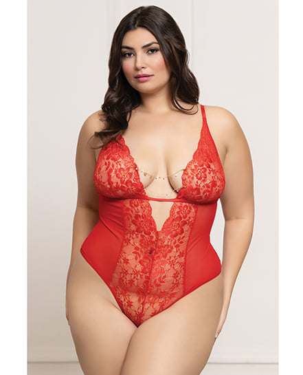 Lace and Mesh Open Crotch Teddy w/Rhinestone Detail – Red QN by Seven 'til Midnight product image