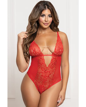 Lace and Mesh Open Crotch Teddy w/Rhinestone Detail – Red O/S by Seven 'til Midnight product image