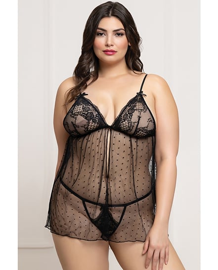 Lace and Dot Mesh Babydoll w/G-String – Black QN by Seven 'til Midnight product image
