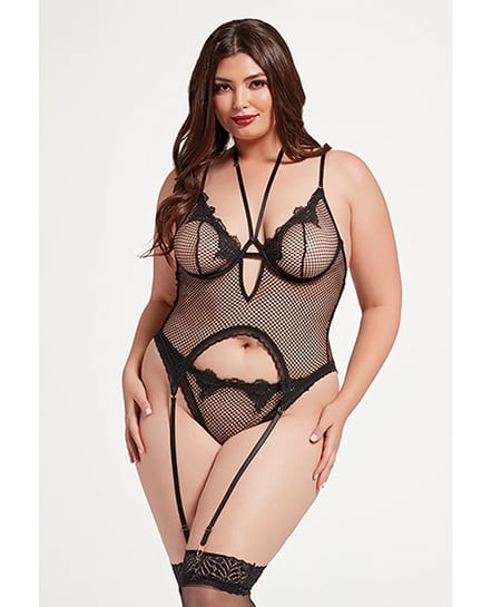 Stretch Mesh and Lace Cami w/Thong 2 pc Set – Black QN by Seven 'til Midnight product image