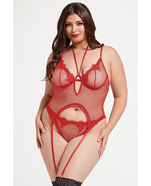 Stretch Mesh and Lace Cami w/Thong 2 pc Set – Red QN by Seven 'til Midnight product image