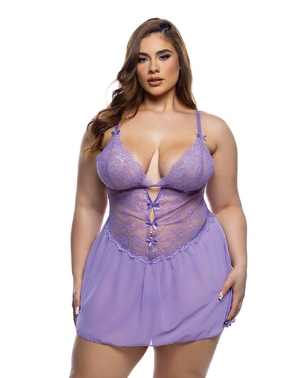 Paradise Dream Lace and Mesh Babydoll w/Thong – Lilac 1X/2X by Roma Confidential product image