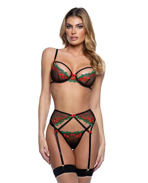 Cherry Delight Embroidered Lace and Mesh Underwire Bra w/Garter & G-String 3 pc Set – Black XL by Roma Confidential product image