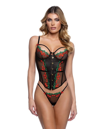 Cherry Delight Embroidered Underwire Corset w/G-String – Black MD by Roma Confidential product image