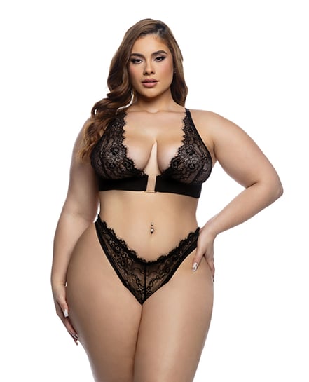 Fever Dream Chantilly Eyelash Lace and Stretch Satin Bralette w/Thong – Black 1X by Roma Confidential product image