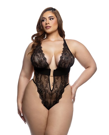 Fever Dream Chantilly Eyelash Lace and Stretch Satin Teddy – Black 1X by Roma Confidential product image