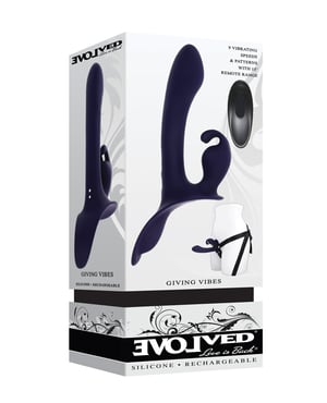 Evolved Giving Vibes Strap-On Bunny Eared Stimulator w/Remote Control – Purple by Evolved product image