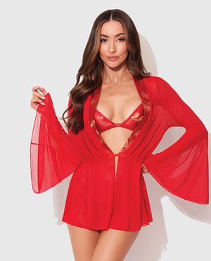 Dragon Sheer Mesh Robe w/Satin Triangle Top & G-String 3 pc Set – Red LG by House of Desire product image