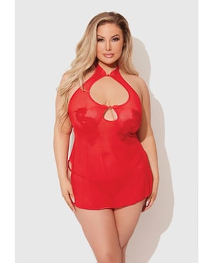 Dragon Mesh & Applique Chemise w/G-String 2 pc Set – Red 1X/2X by House of Desire product image