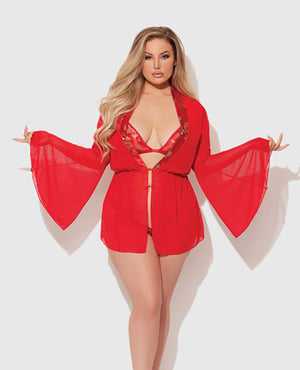 Dragon Sheer Mesh Robe w/Satin Triangle Top & G-String 3 pc Set – Red 1X/2X by House of Desire product image