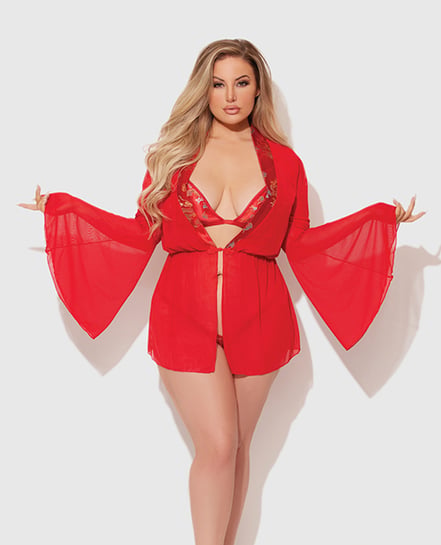 Dragon Sheer Mesh Robe w/Satin Triangle Top & G-String 3 pc Set – Red 3X/4X by House of Desire product image