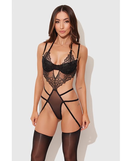 Eden Embroidered Lace & Mesh Teddy w/Garters – Black SM by House of Desire product image
