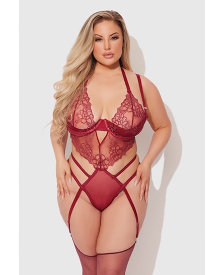 Eden Embroidered Lace & Mesh Teddy w/Garters – Dark Red 3X/4X by House of Desire product image