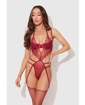 Eden Embroidered Lace & Mesh Teddy w/Garters – Dark Red SM by House of Desire product image