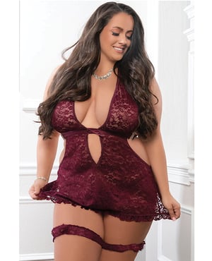 Apron Style Halter Mini Dress w/Thong & Lace Garters – Burgundy QN by G World product image