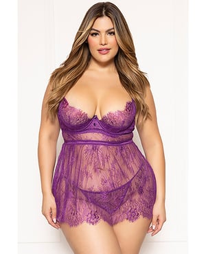 Floral Eyelash Lace Underwire Babydoll w/Thong 2 pc Set – Purple 3X/4X by Seven 'til Midnight product image