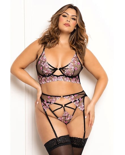 Floral Lace and Mesh Long Line Underwire Bra w/Garter & G-String – Black/Pink 1X/2X by Seven 'til Midnight product image