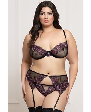 Floral Lace and Mesh Underwire Bra w/Garter & Thong 3 pc Set – Black/Purple 3X/4X by Seven 'til Midnight product image