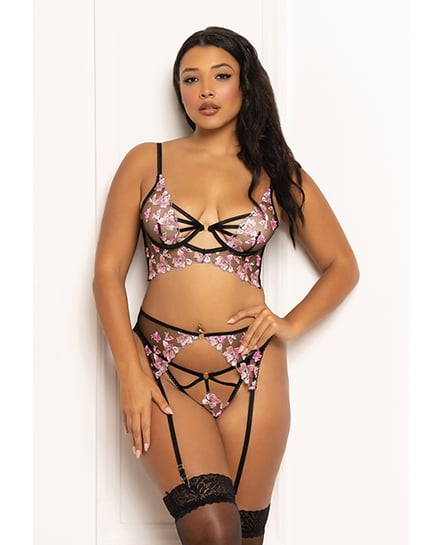 Floral Lace and Mesh Long Line Underwire Bra w/Garter & G-String – Black/Pink MD by Seven 'til Midnight product image