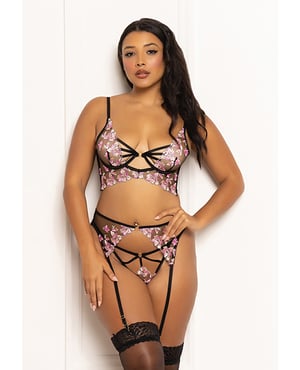 Floral Lace and Mesh Long Line Underwire Bra w/Garter & G-String – Black/Pink XL by Seven 'til Midnight product image
